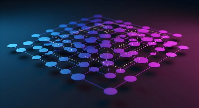 Abstract technology concept showing connected nodes and lines, representing data network, blockchain, or neural structure on a dark background with blue and magenta light.