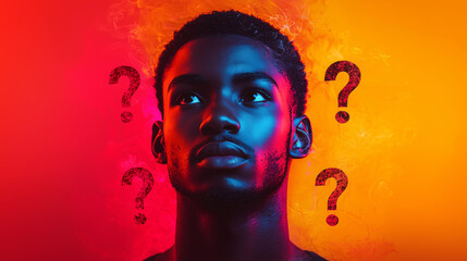 Young man enshrouded by vibrant smoke and question marks