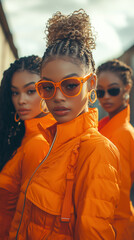 Fashionable women in vibrant orange outfits posing confidently outdoors