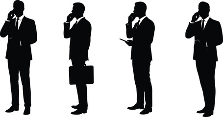 Businessman, silhouette, phone call, communication, multitasking, briefcase, tablet, corporate, professional, office, mobile, technology, modern, posture, gesture. 