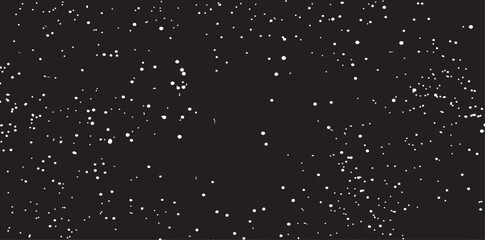 Snow, stars, twinkling lights, rain drops on black background. Abstract vector noise. Small particles of debris and dust. Distressed uneven grunge texture overlay.