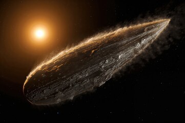Fototapeta premium Elongated interstellar comet glows beneath distant sun trailing dust through golden cosmic silence