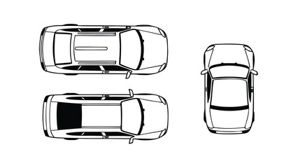 Set of Car Top View CAD Drawings. Silhouette and Outline Vector Vehicles for Architectural and Urban Planning Design