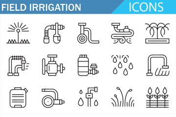 Minimal linear illustration pack of agricultural irrigation and watering systems.