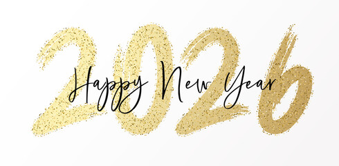 Happy New Year 2026 typography design with golden glitter brush stroke and elegant handwritten script. Perfect for holiday greetings, celebration cards, invitations, banners, social media templates.