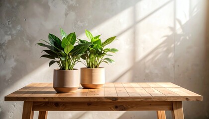 A single green plant on a wooden table against a concrete wall in soft sunlight environment