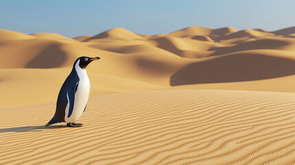Fototapeta premium Penguin exploring a vast sandy desert landscape under clear blue sky