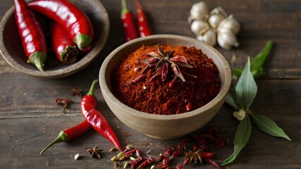 Bowl of adjika spice with dried chilli, chilli peppers, salt, garlic and bay leaves on a table