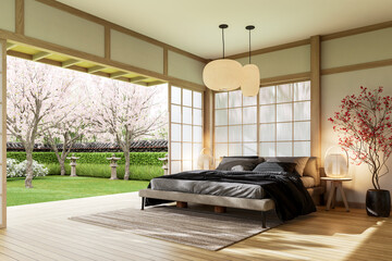Japanese minimalist bedroom interior with shoji sliding doors and cherry blossom garden view 3D render