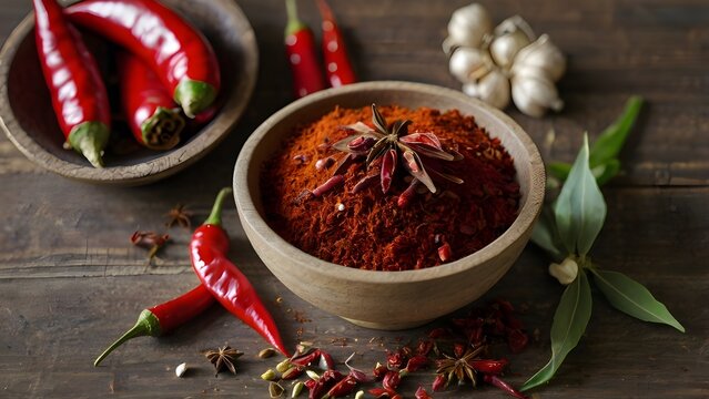 Bowl of adjika spice with dried chilli, chilli peppers, salt, garlic and bay leaves on a table
