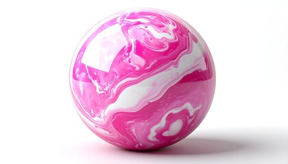 A polished, marbled sphere with swirling pink and white colors