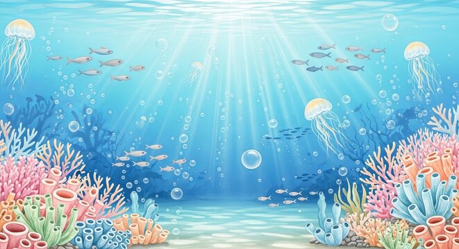 Cartoon underwater scene featuring coral reefs, jellyfish, schools of fish, and sun rays shining down