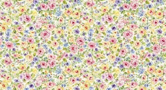 A floral pattern featuring pink and yellow roses with small blue and purple flowers scattered around