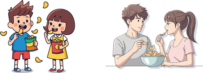 Cartoon and realistic characters eating potato chips, snack joy, shared food moment, artistic contrast, cheerful lifestyle, animated and human connection