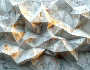Abstract Low Poly White and Gold Marble Surface with Sharp Edges and Varied Lighting Creating a Modern and Geometric Pattern Ideal for Backgrounds