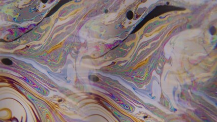 Vertical video. Chemical ink mix. Flow liquid. Blur yellow blue pink color bubbles flowing purple paint floating on abstract acrylic creative background. - Powered by Adobe