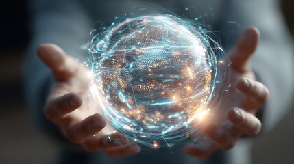 A man's hands hold a glowing globe, as the globe's network intricately lights up. The digital globe displays interconnected networks in the man's focused hands.
