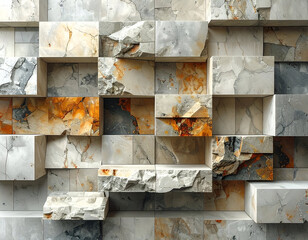 Abstract Three Dimensional Gray Stone Blocks with Rough Texture and Orange Accents Patterned Wall Background