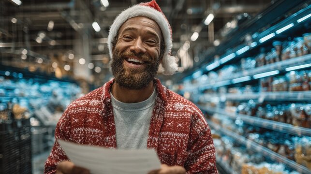 Cheerful man in a festive sweater and Santa hat holding a shopping list in a grocery store, radiating holiday spirit, Great for Christmas marketing, holiday shopping themes, or community events,