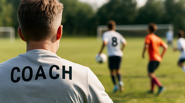 An adult soccer coach is overseeing his young team practice out on the field today, giving tips and tricks on the field, and helping guide the players to victory. - Powered by Adobe