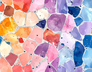 Colorful Watercolor Stone Mosaic Texture with Orange Blue and Purple Hues on White Background Featuring Abstract Artistic Pattern and Decorative Design