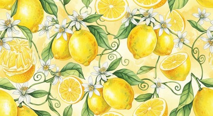 A seamless pattern of lemons with flowers and leaves on a light yellow background, watercolor style