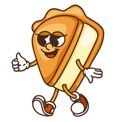 Pie slice mascot with finger up gesture retro vibrant vector design for bakery logo and advertising