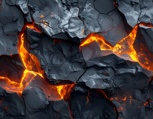 Cracked Gray Rock Formation Revealing Molten Orange Lava Interior with Bright Glow