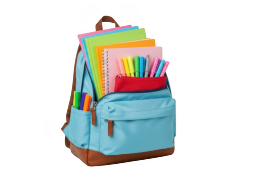School blue backpack with supplies isolated on transparent background - Powered by Adobe