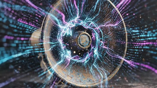 Futuristic Megaphone with Glowing Energy - This video shows an old, metallic megaphone emitting stylized glowing energy waves in shades of blue and pink.