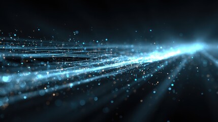 A mesmerizing futuristic scene featuring a light blue laser beam illuminated by glowing particles and dynamic lines, representing the essence of data transfer and artificial intelligence