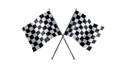 Two crossed checkered flags on a white background, cut out transparent