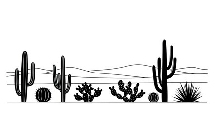 Black and white drawing of various cacti types in a desert landscape with distant mountains view