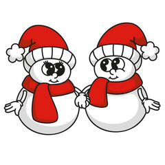 Snowman couple holding hands bright colorful vector design isolated on white background for Christmas togetherness