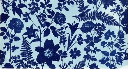 Dark blue floral pattern with roses lilies ferns and various other plant silhouettes on a light background