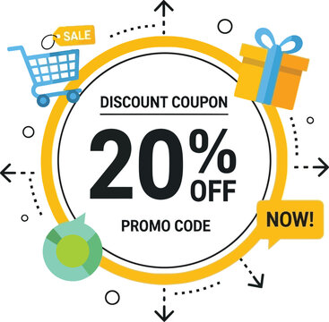 Discount offer 20 percent off sale promotion with shopping cart gift box and globe icons flat design vector illustration isolated on transparent background