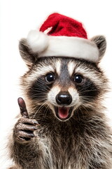Obraz premium Cute happy raccoon wearing Christmas hat showing thumbs up isolated on white background