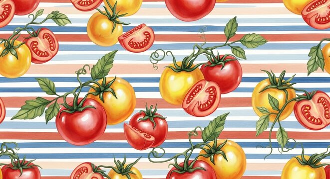 A seamless pattern featuring red and yellow tomatoes with leaves on a striped background design style