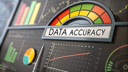 Digital gauge shows high data accuracy with colorful meter and analysis charts in background
