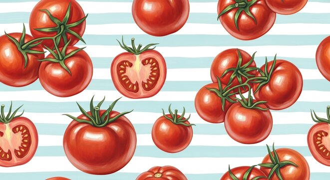 A repeating pattern of red tomatoes with green stems on a blue and white striped background design