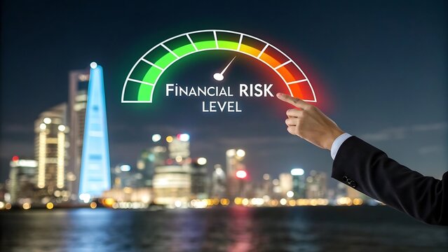 Businessperson indicates rising financial risk level on digital gauge above cityscape - Powered by Adobe