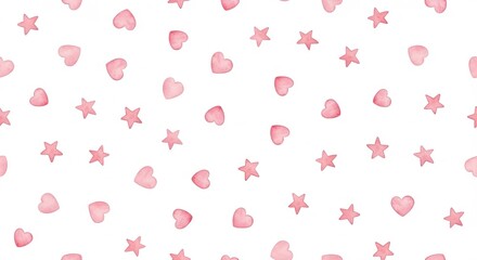 A seamless pattern of pink hearts and stars scattered on a white background for a cute design aesthetic
