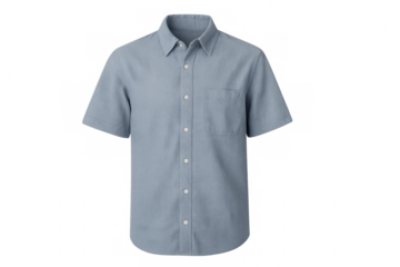 Blue short sleeve button up shirt with pocket on transparent background, casual summer fashion apparel, men's clothing mockup