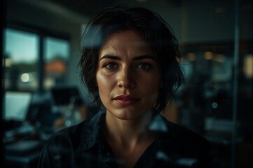 Confident Woman Portrait Behind Glass Dark Hair Beauty Close up View