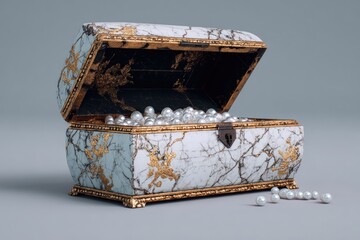 Ornate treasure chest overflowing with pearls on a gray background.