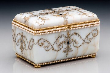 Ornate translucent box with gold scrollwork and pearl trim.