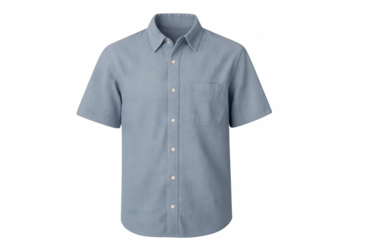 Blue short sleeve button up shirt with pocket on transparent background, casual summer fashion apparel, men's clothing mockup