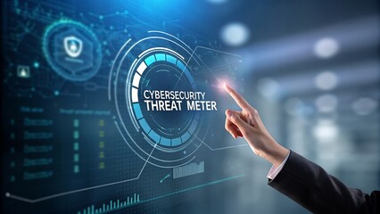 Hand interacting with futuristic cyber security interface data analytics technology concept