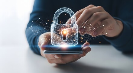 A person holding a smartphone with a digital padlock and network connections visualized on the screen