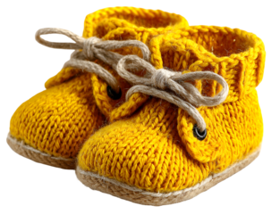 Pair of yellow knitted baby shoes with laces isolated on transparent background, perfect for newborn or infant fashion concept